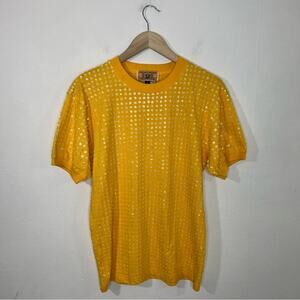 Vintage Gene Ewing Bis Yellow Sequin Bead Disco Sparkle Top Size Small